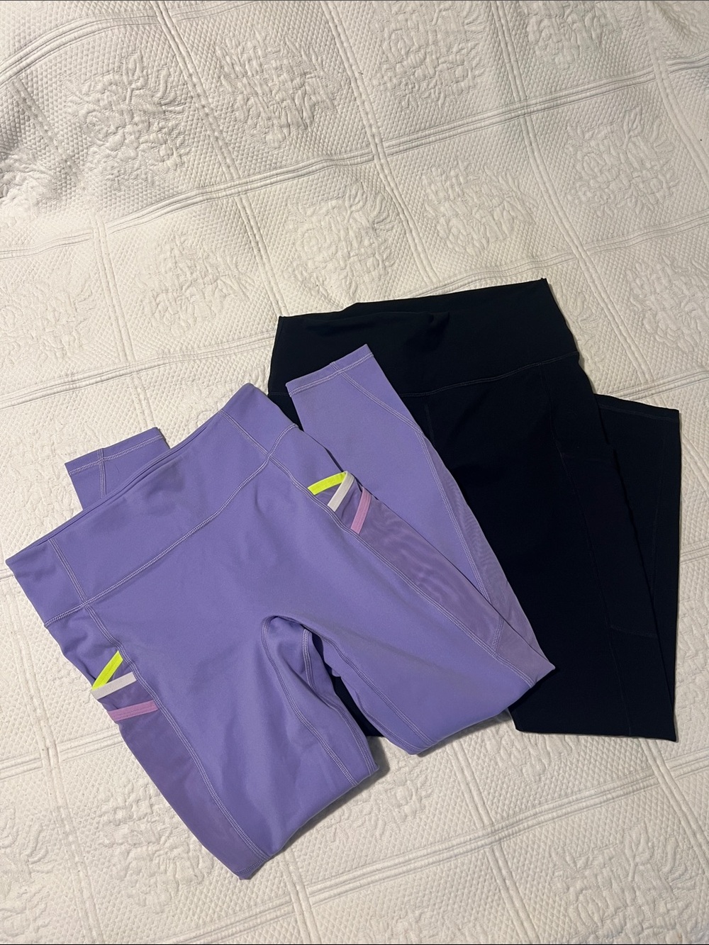 Fabletics Lavender Leggings with Neon Accents and Black PowerHold by Fabletics
